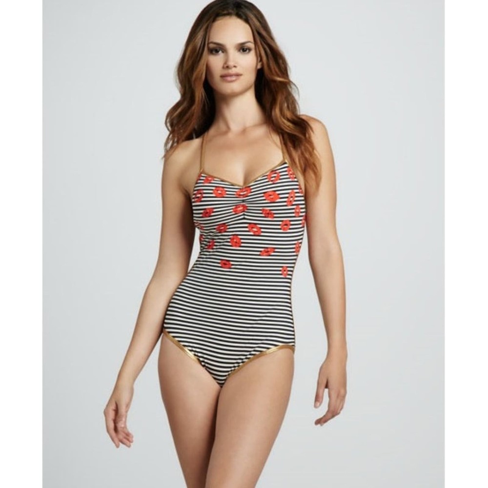 Marc by Marc Jacobs Lip Print Striped One Piece Swimsuit Women’s S